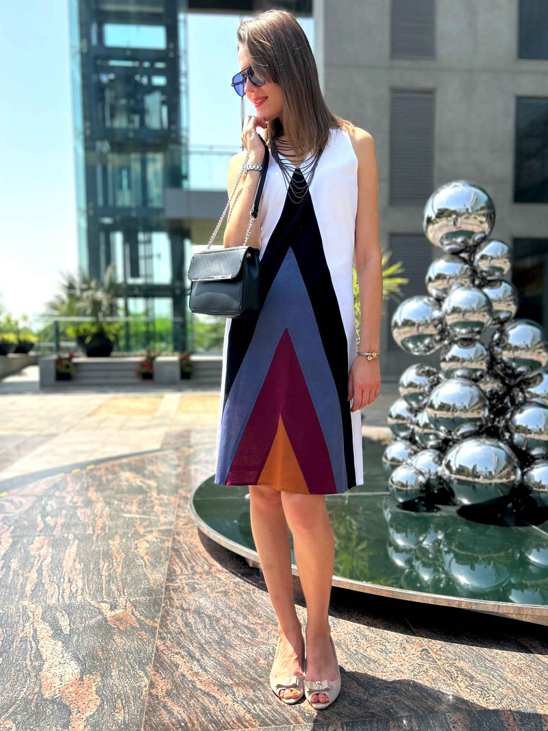 POLLY CALIFORNIA COLORS HAND WOVEN COTTON PATCHWORK DRESS