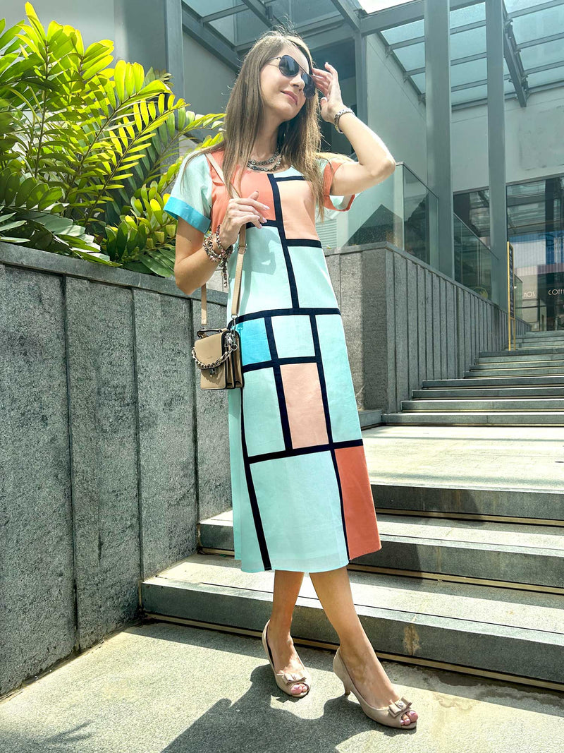 MCKENNA CALIFORNIA COLORS MONDRIAN HAND WOVEN COTTON PATCHWORK DRESS