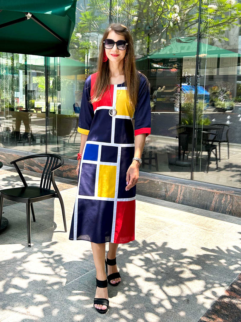 MEADOW CALIFORNIA COLORS MONDRIAN HAND WOVEN COTTON PATCHWORK DRESS