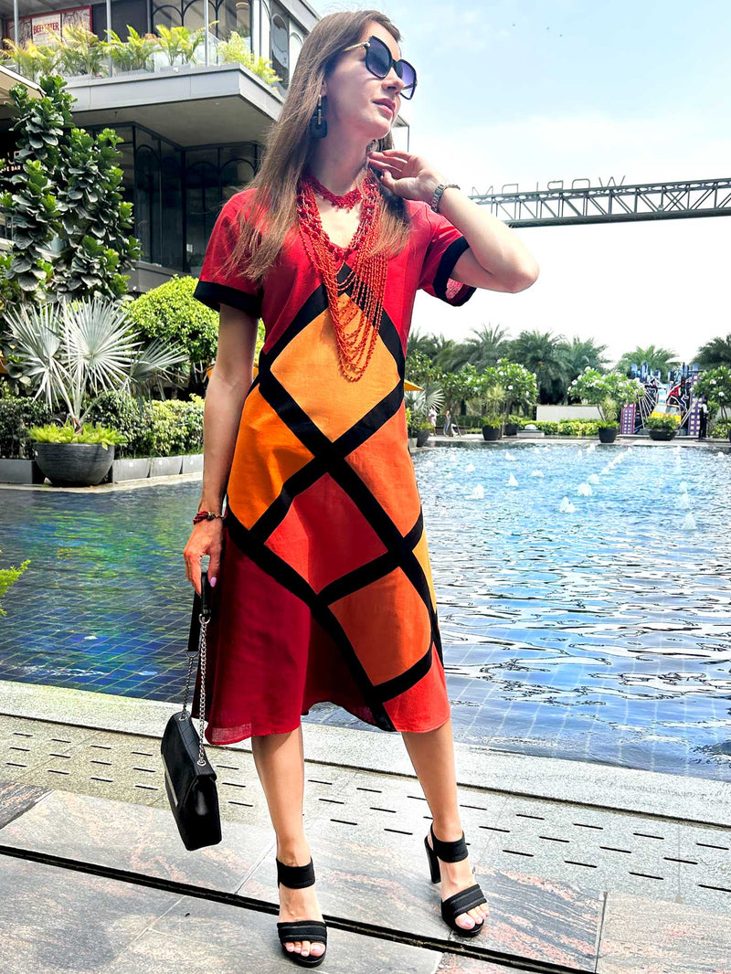 MILANI CALIFORNIA COLORS HAND WOVEN COTTON PATCHWORK DRESS