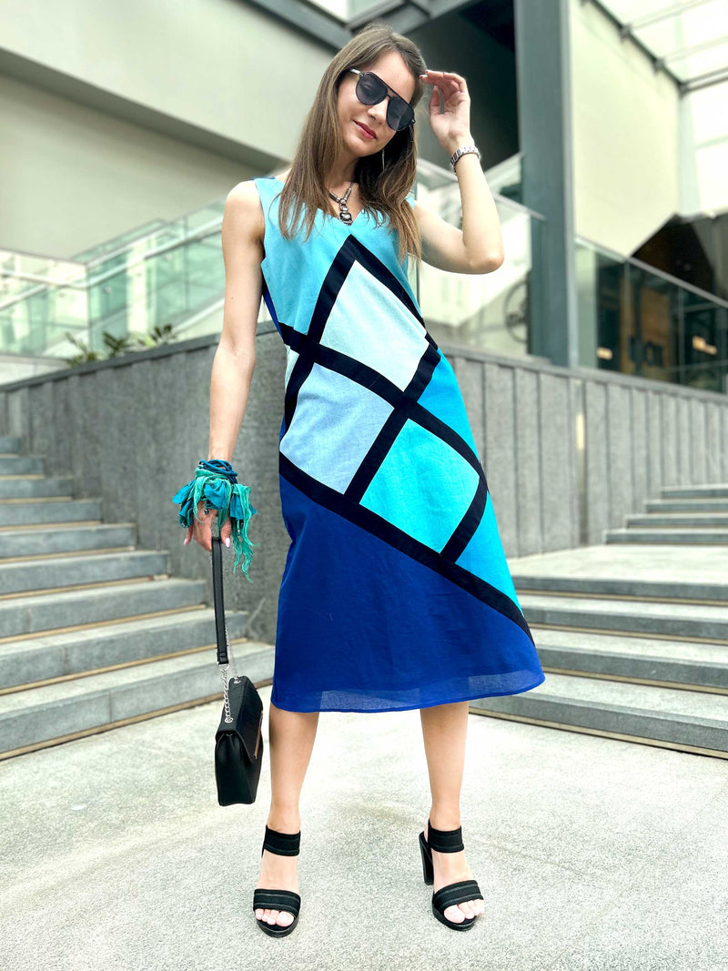 MADDIE CALIFORNIA COLORS HAND WOVEN COTTON PATCHWORK DRESS