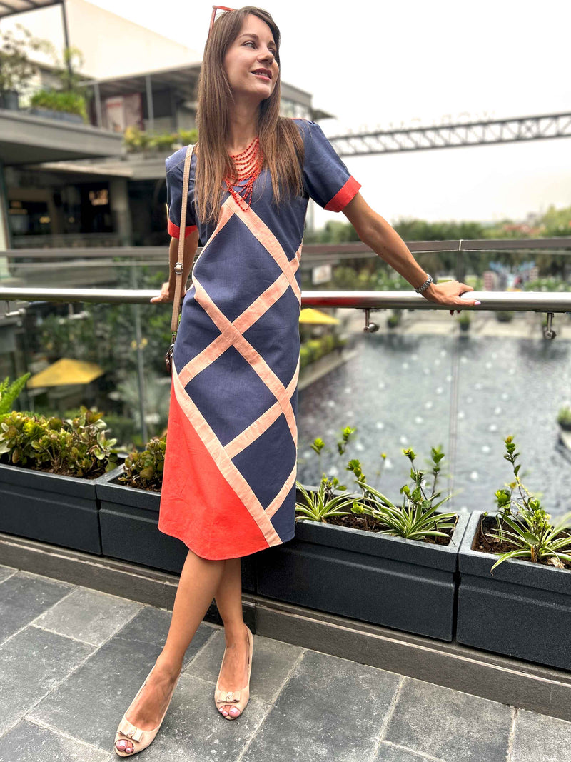 MYLEENE CALIFORNIA COLORS HAND WOVEN COTTON PATCHWORK DRESS