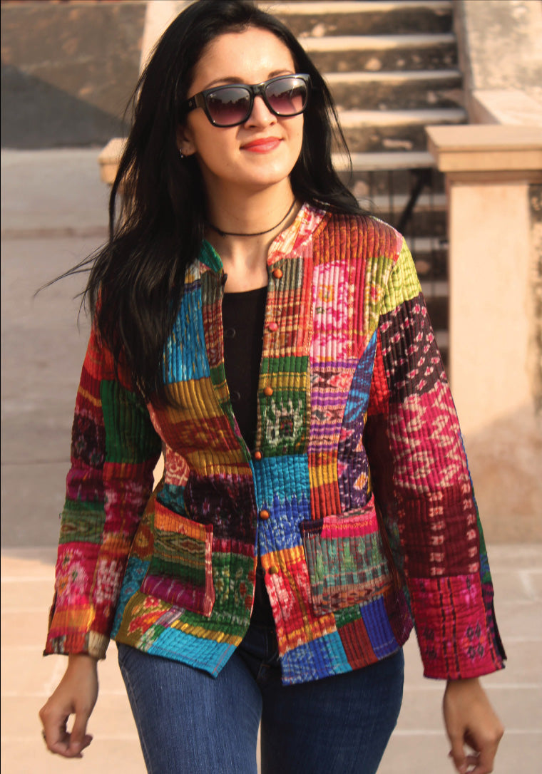 HADREY PATOLA SILK PATCHWORK KANTHA LONG JACKET