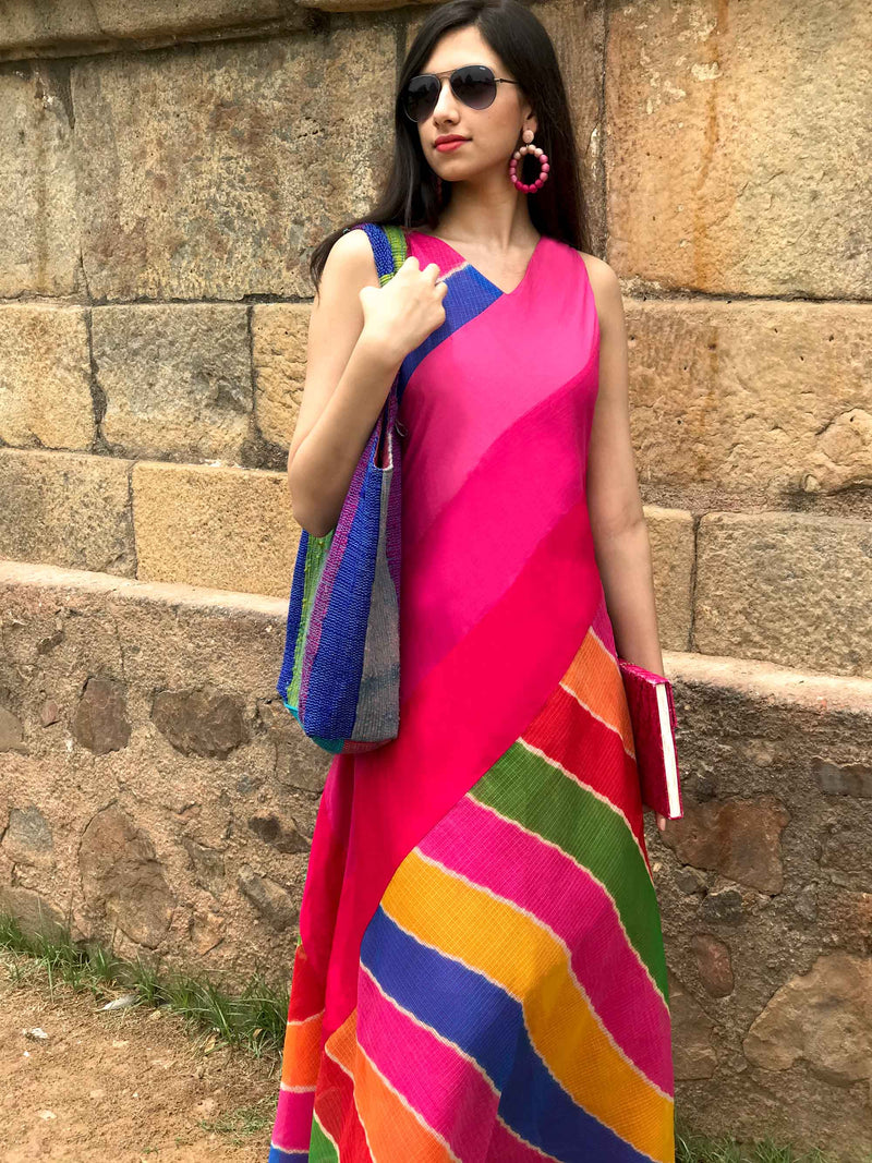 SIENNA SANTORINI STRIPES SILK KOTA DORIA LONG DRESS