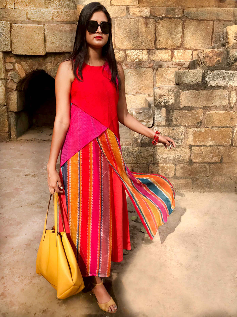 SHARON SANTORINI STRIPES SILK KOTA DORIA LONG DRESS