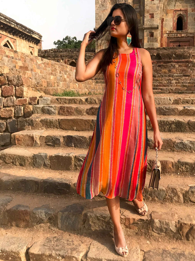 SKYLER SANTORINI STRIPES SILK KOTA DORIA REVERSIBLE DRESS