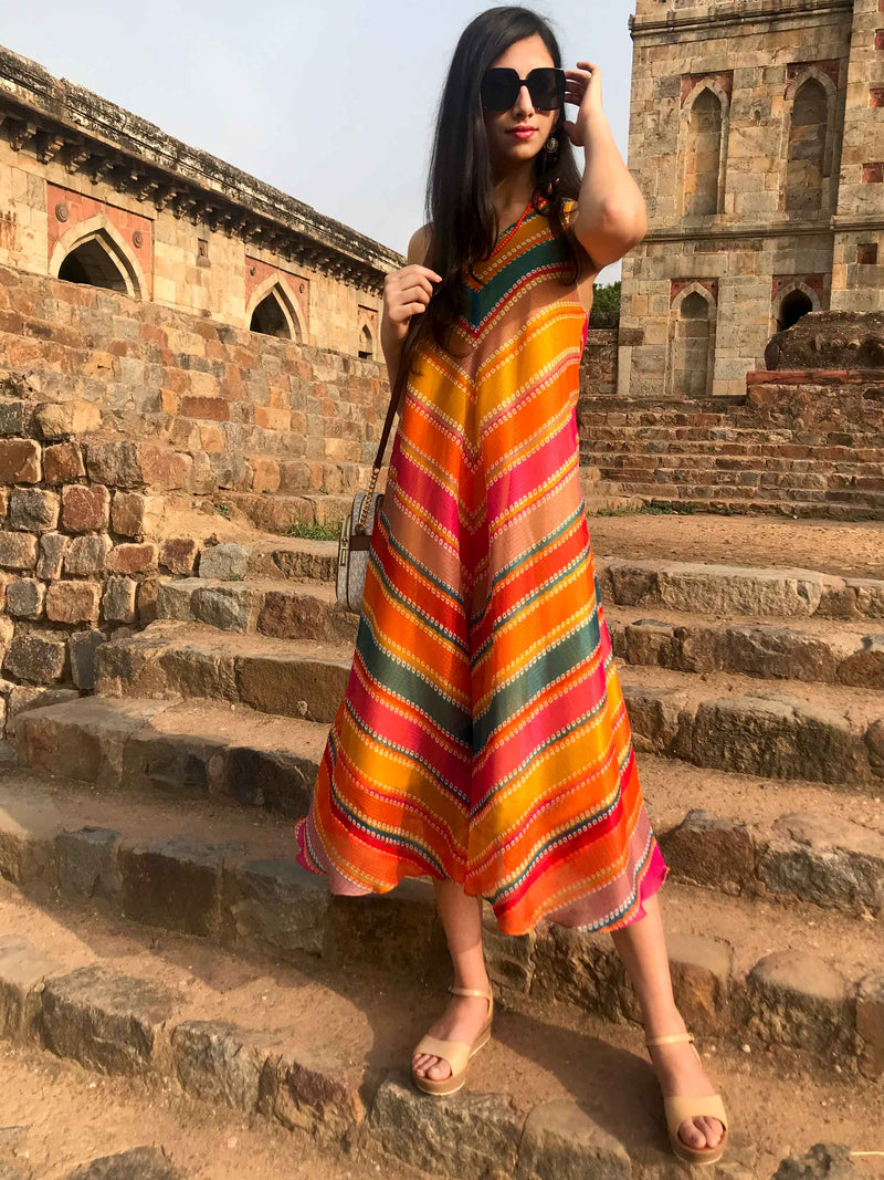 SANDRA SANTORINI STRIPES SILK KOTA DORIA REVERSIBLE DRESS