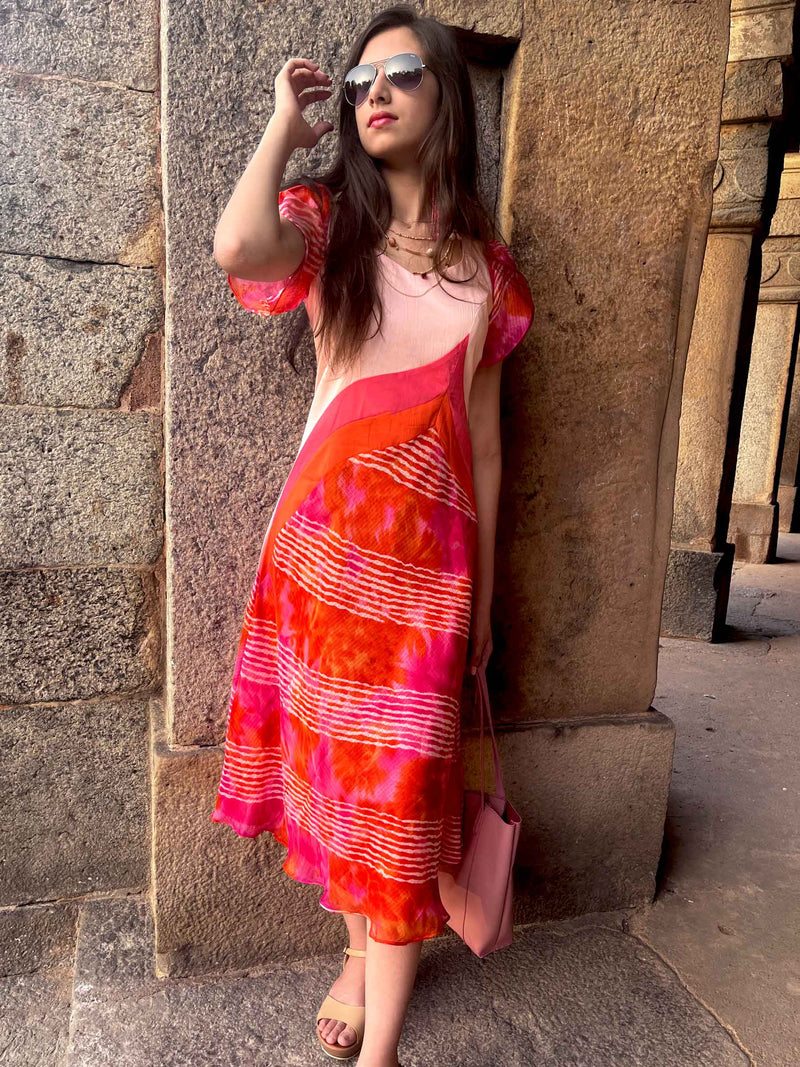 SARAH SANTORINI STRIPES SILK KOTA DORIA DRESS