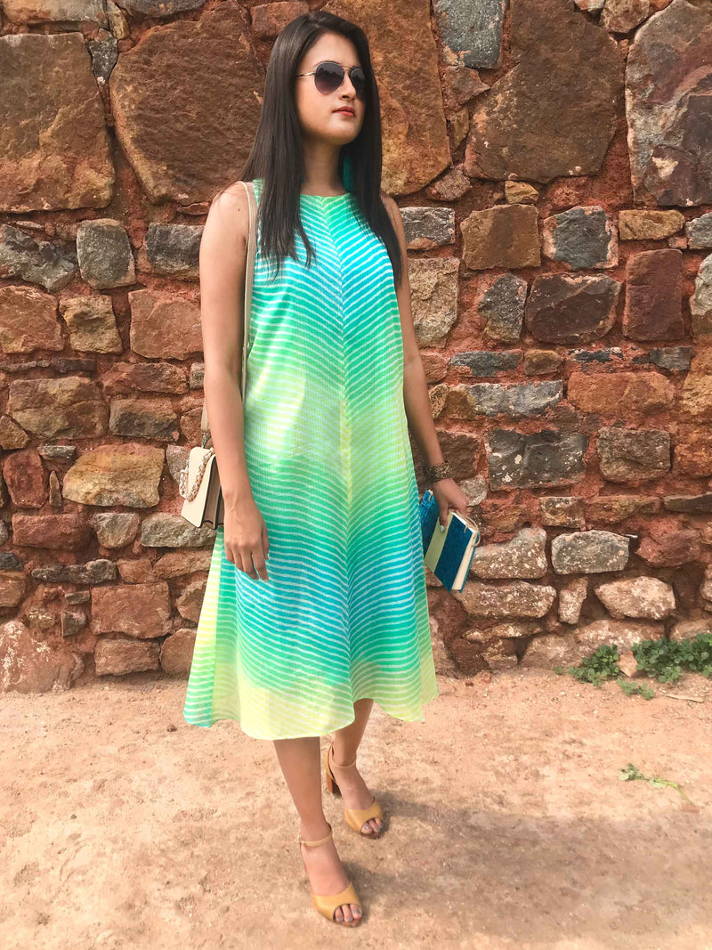 STEPHANIE SANTORINI STRIPES SILK KOTA DORIA REVERSIBLE DRESS