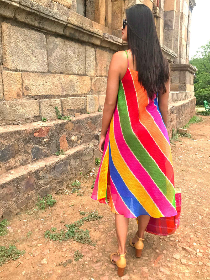 SLOANE SANTORINI STRIPES SILK KOTA DORIA REVERSIBLE DRESS