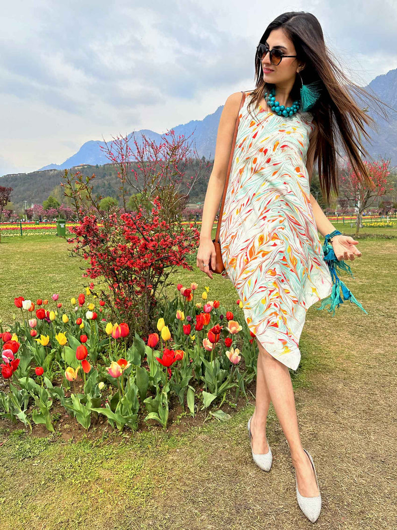 LUCINDA GORGEOUS KASHMIR WATER MARBLED PURE SILK DRESS