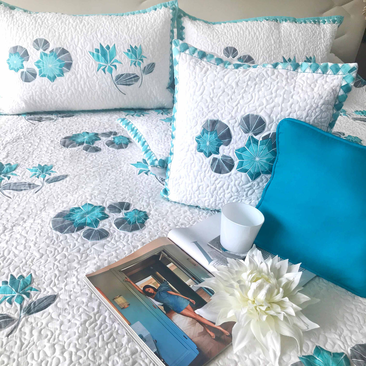 PAMELA PARISIAN PANACHE ALLURING AQUA 6 PIECE QUILTED BEDCOVER SET