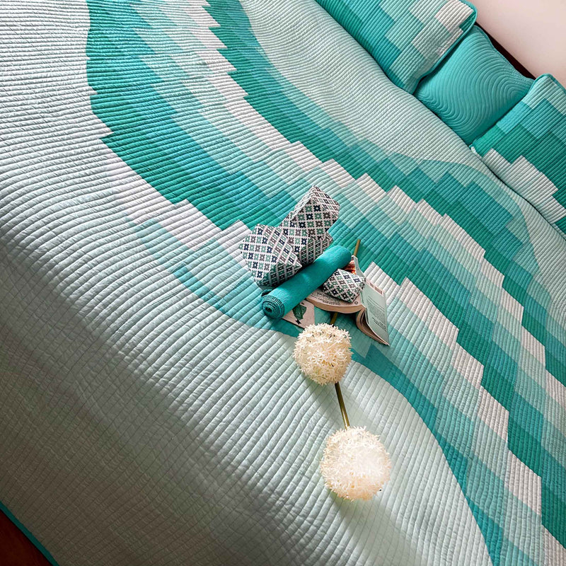 ROLAND FRENCH RIVIERA AQUA PATCHWORK QUILTED BEDCOVER SET