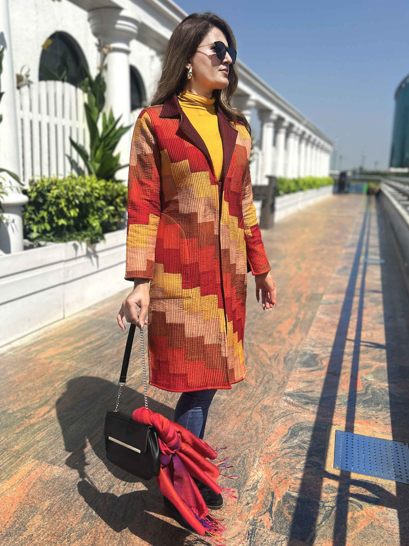 AUDREY VERMONT AUTUMN ACORN PURE SILK PATCHWORK QUILTED JACKET