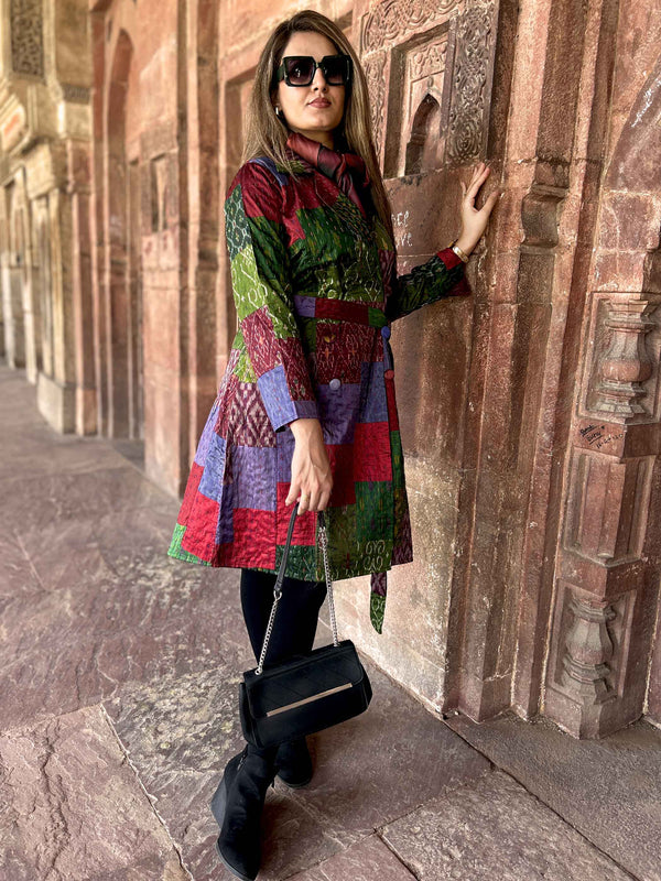 ALICE VERMONT AUTUMN PINOT NOIR PATOLA SILK PATCHWORK KANTHA TRENCH COAT