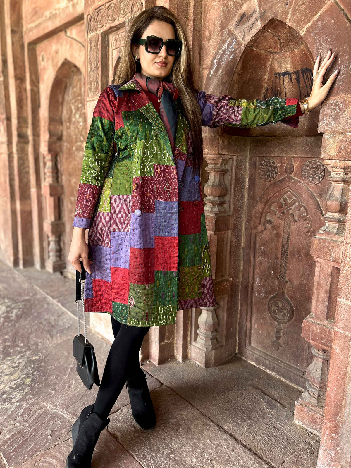 ALICE VERMONT AUTUMN PINOT NOIR PATOLA SILK PATCHWORK KANTHA TRENCH COAT
