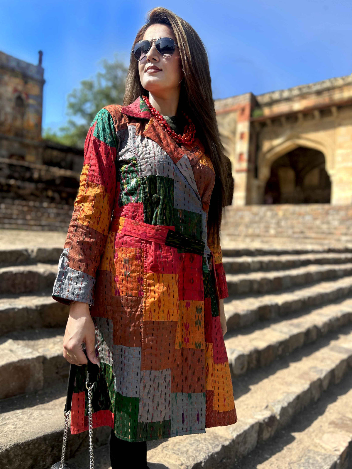 AMELIA VERMONT AUTUMN PATOLA SILK PATCHWORK KANTHA TRENCH COAT