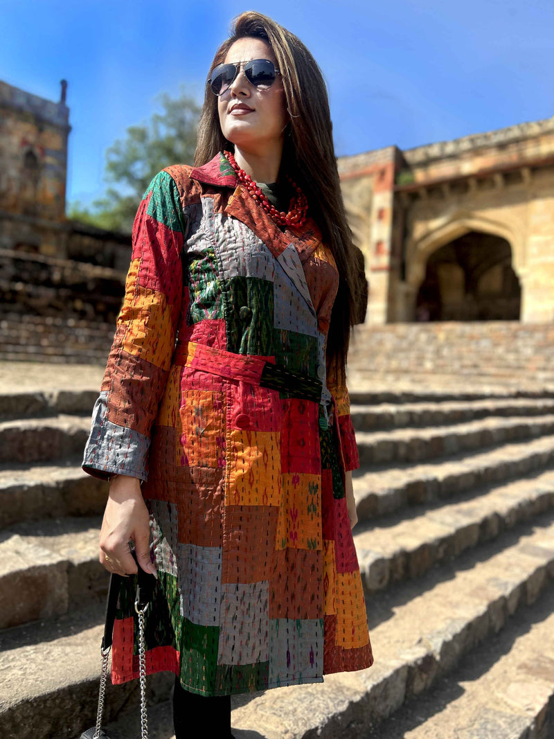 AMELIA VERMONT AUTUMN PATOLA SILK PATCHWORK KANTHA TRENCH COAT