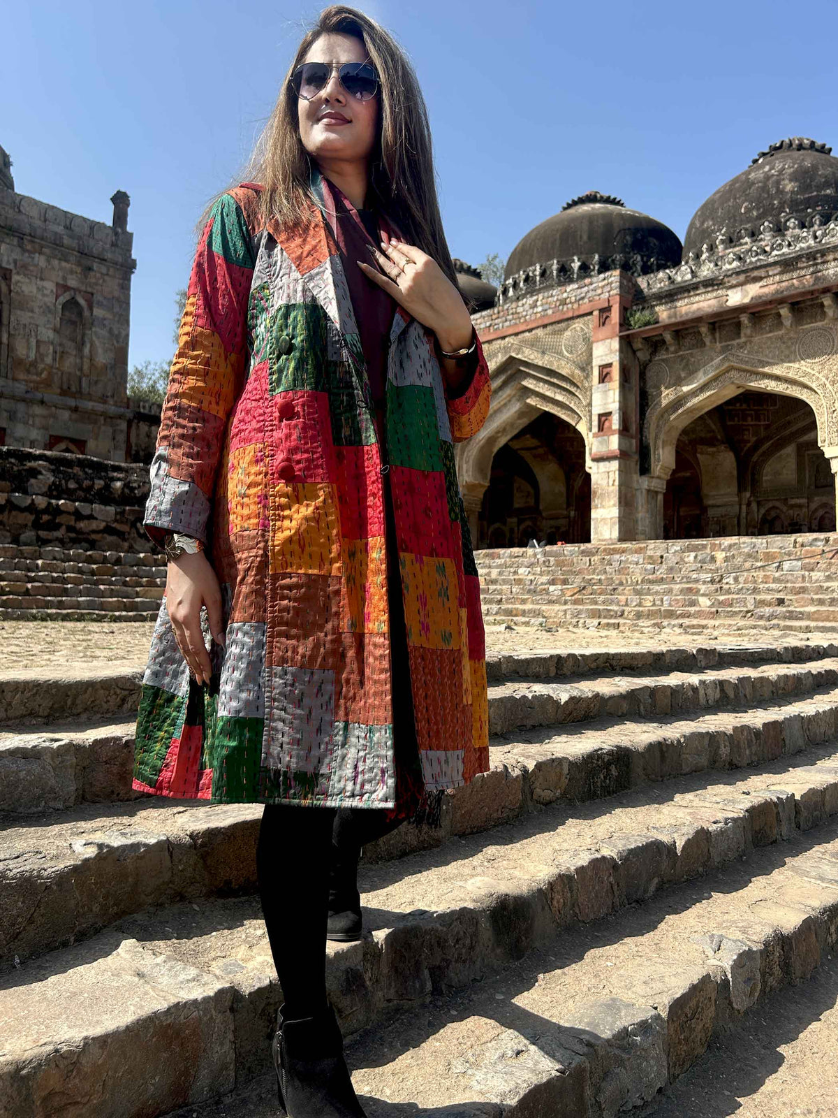 AMELIA VERMONT AUTUMN PATOLA SILK PATCHWORK KANTHA TRENCH COAT