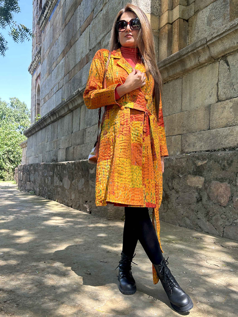 ANNE VERMONT AUTUMN PATOLA SILK PATCHWORK KANTHA TRENCH COAT