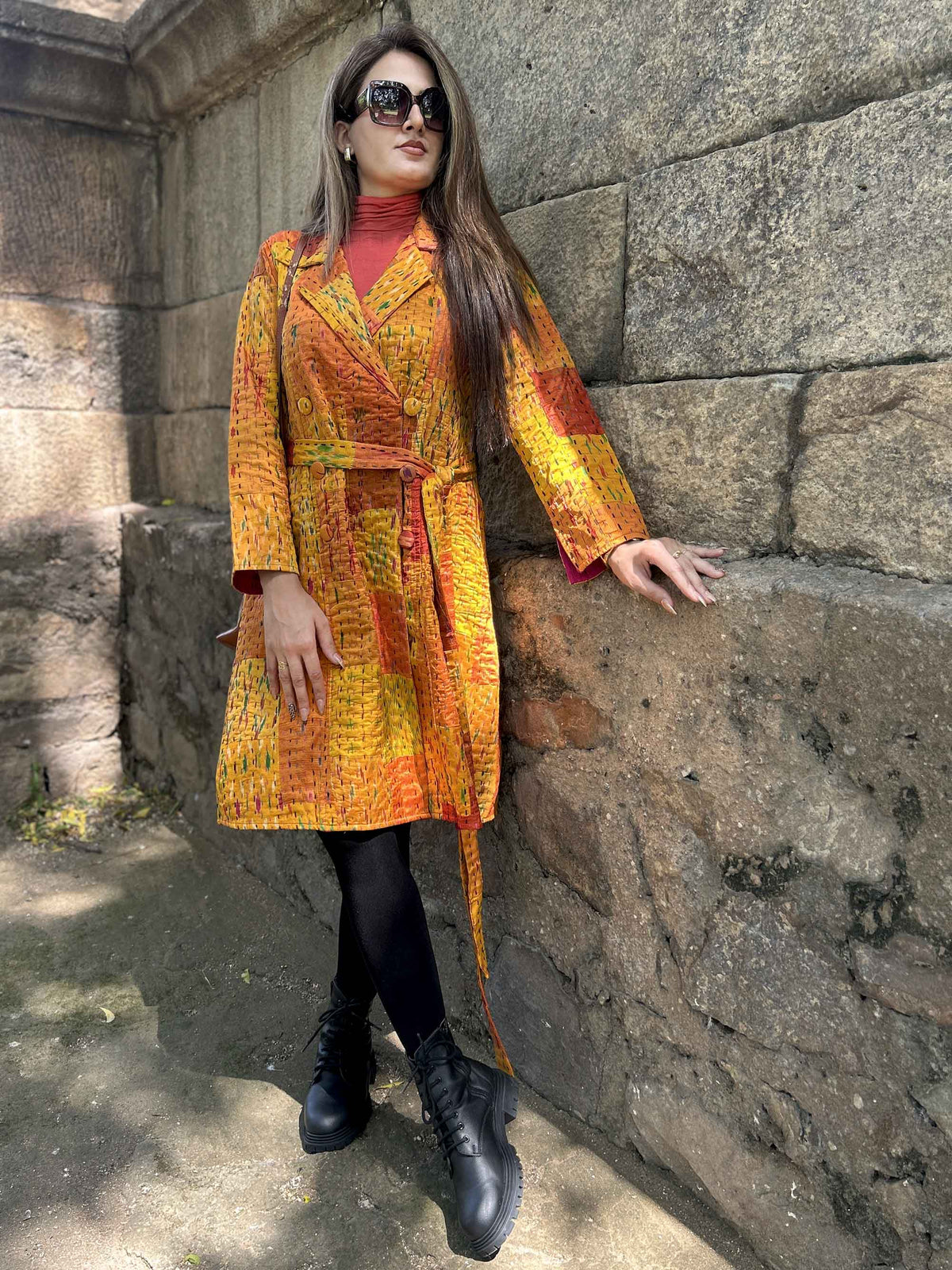 ANNE VERMONT AUTUMN PATOLA SILK PATCHWORK KANTHA TRENCH COAT