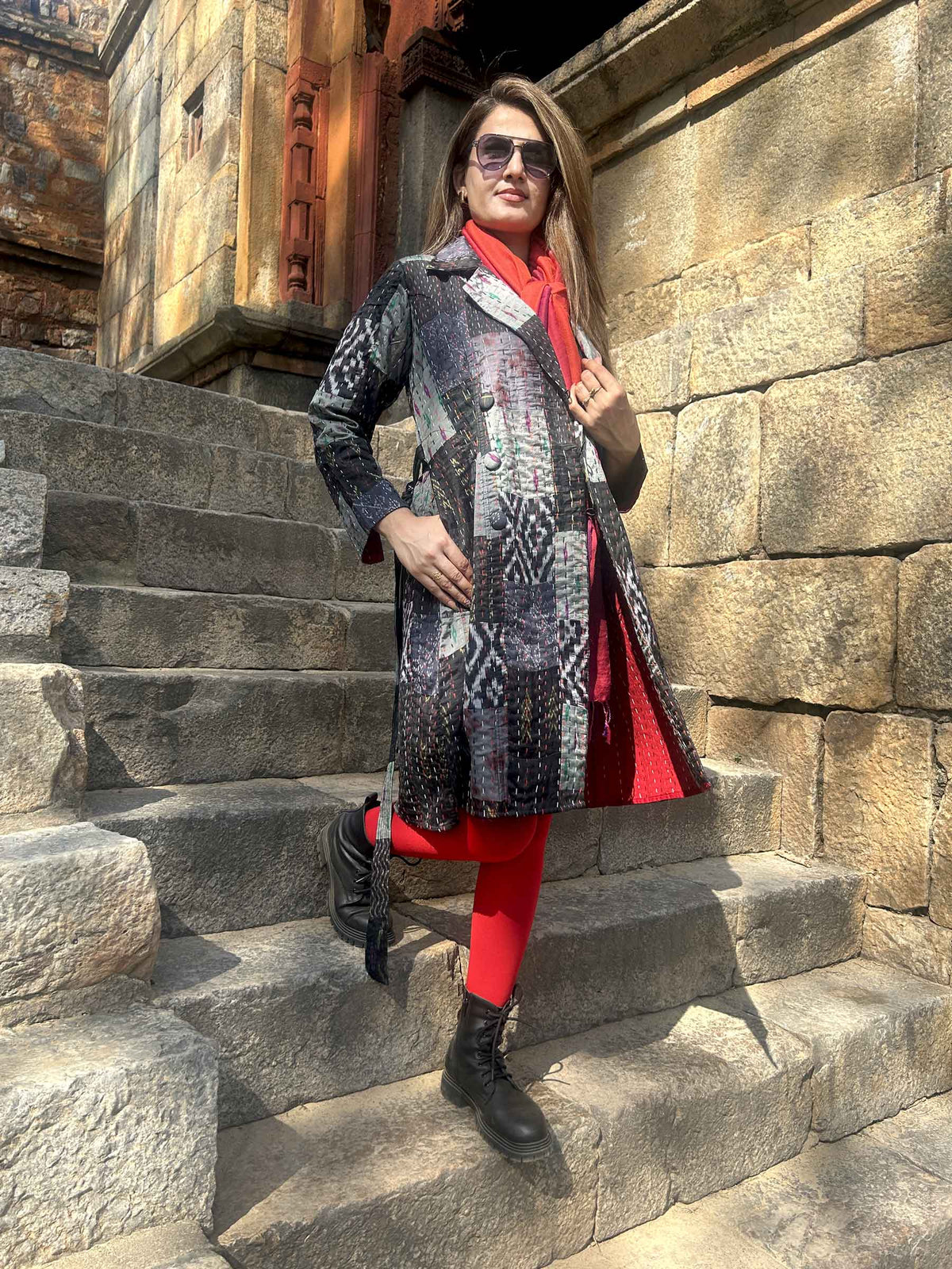 ALLISON VERMONT AUTUMN PATOLA SILK PATCHWORK KANTHA TRENCH COAT