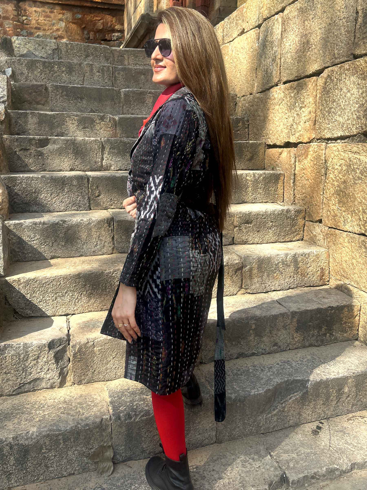 ALLISON VERMONT AUTUMN PATOLA SILK PATCHWORK KANTHA TRENCH COAT