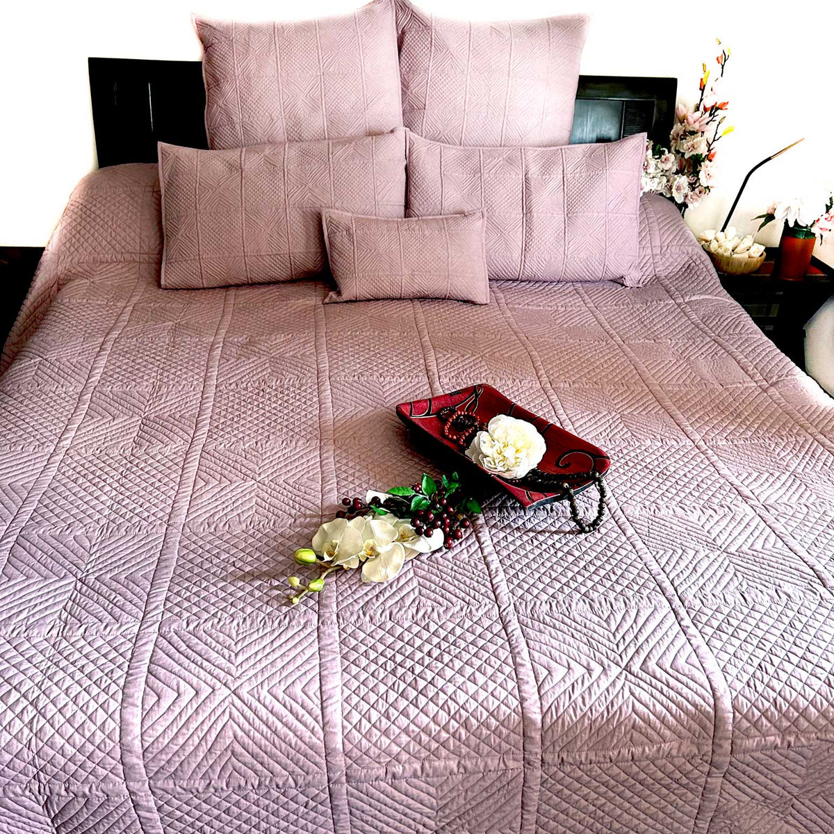 HEATHER MEDITERRANEAN SERENITY ROSY BEIGE QUILTED 6 PIECE BEDCOVER SET