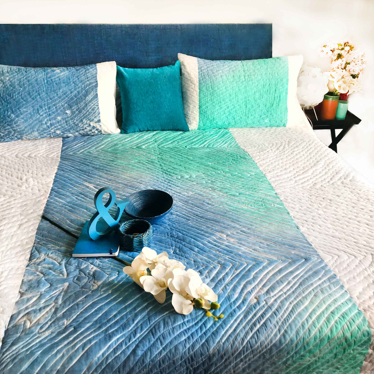 CAROL  COLOUR CASCADE SHIBORI SHABANG QUILTED BEDCOVER SET