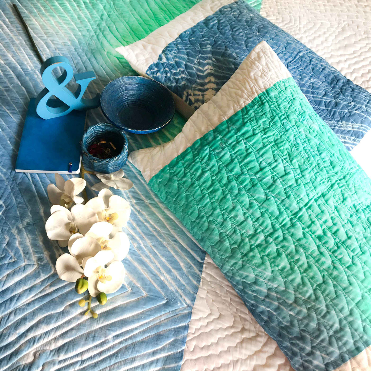 CAROL  COLOUR CASCADE SHIBORI SHABANG QUILTED BEDCOVER SET