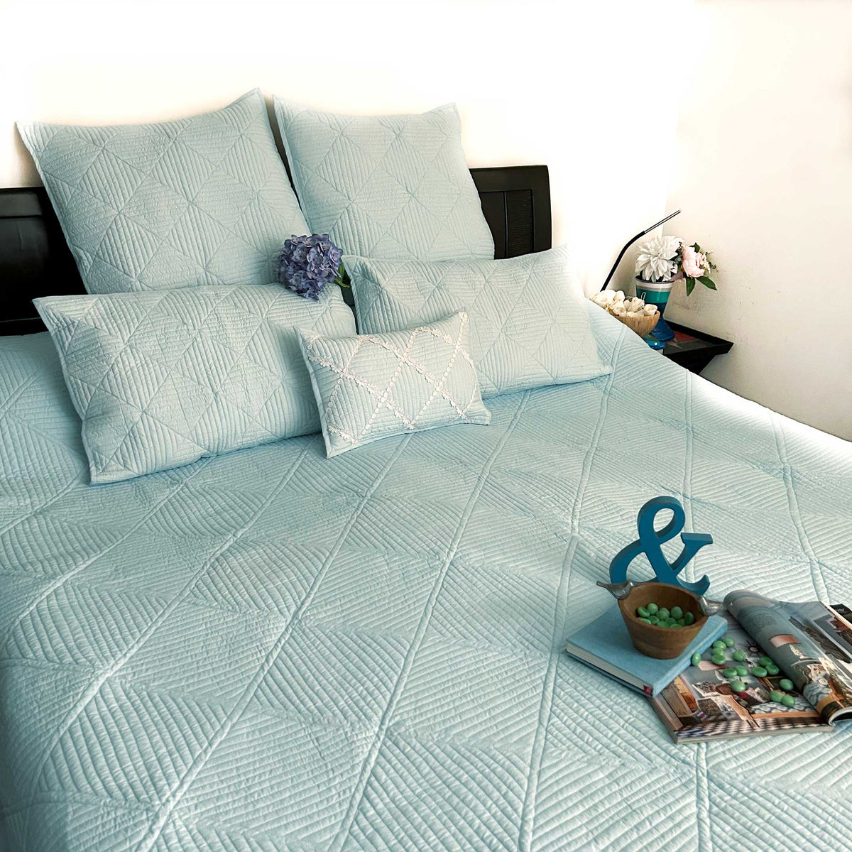 HEIDI MEDITERRANEAN SERENITY SKY BLUE QUILTED 6 PIECE BEDCOVER SET