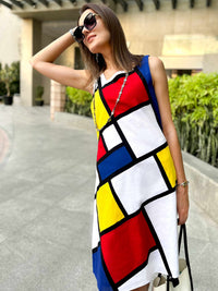 PRISCILLA CALIFORNIA COLORS MONDRIAN HAND WOVEN COTTON PATCHWORK DRESS