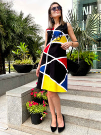 PAOLINA CALIFORNIA COLORS MONDRIAN HAND WOVEN COTTON PATCHWORK DRESS