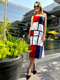 PATRICE CALIFORNIA COLORS MONDRIAN HAND WOVEN COTTON PATCHWORK DRESS