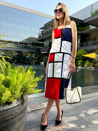 PATRICE CALIFORNIA COLORS MONDRIAN HAND WOVEN COTTON PATCHWORK DRESS