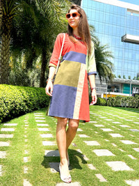 MYLA CALIFORNIA COLORS MONDRIAN HAND WOVEN COTTON PATCHWORK DRESS
