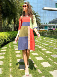 MYLA CALIFORNIA COLORS MONDRIAN HAND WOVEN COTTON PATCHWORK DRESS