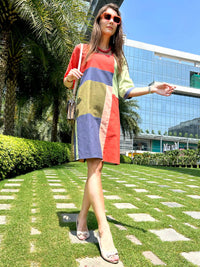 MYLA CALIFORNIA COLORS MONDRIAN HAND WOVEN COTTON PATCHWORK DRESS
