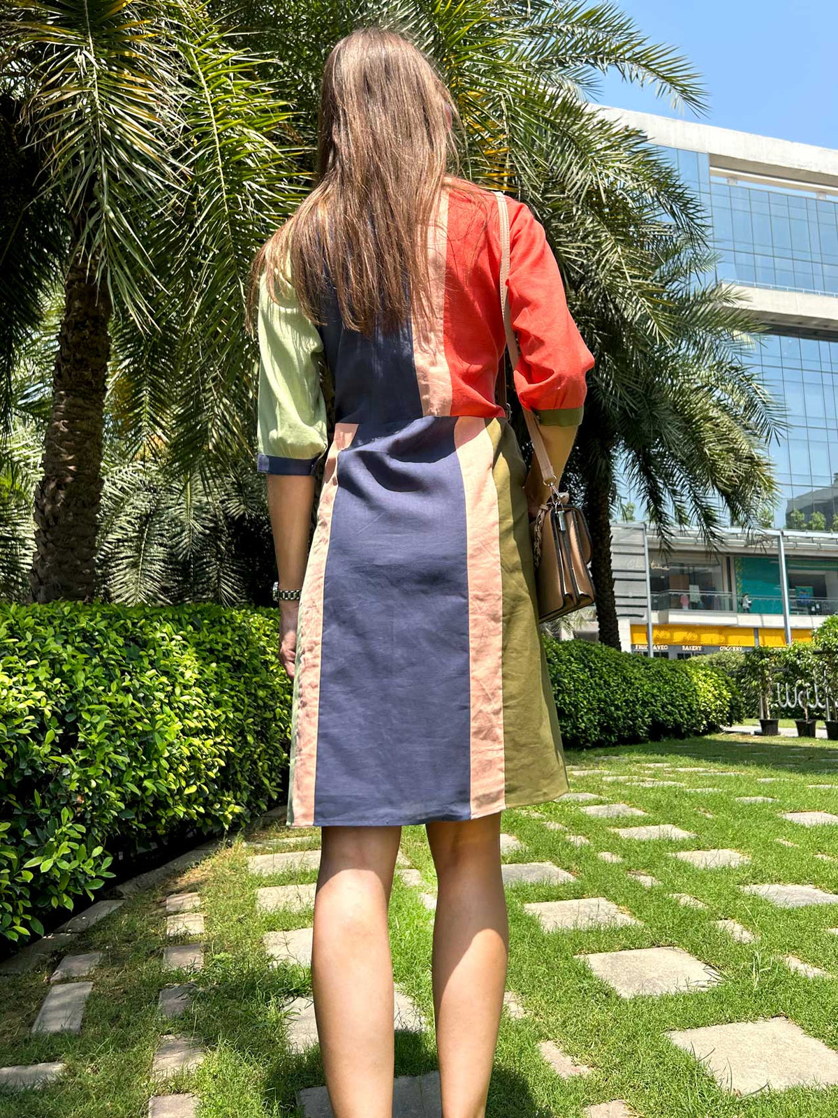 MYLA CALIFORNIA COLORS MONDRIAN HAND WOVEN COTTON PATCHWORK DRESS