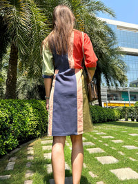 MYLA CALIFORNIA COLORS MONDRIAN HAND WOVEN COTTON PATCHWORK DRESS