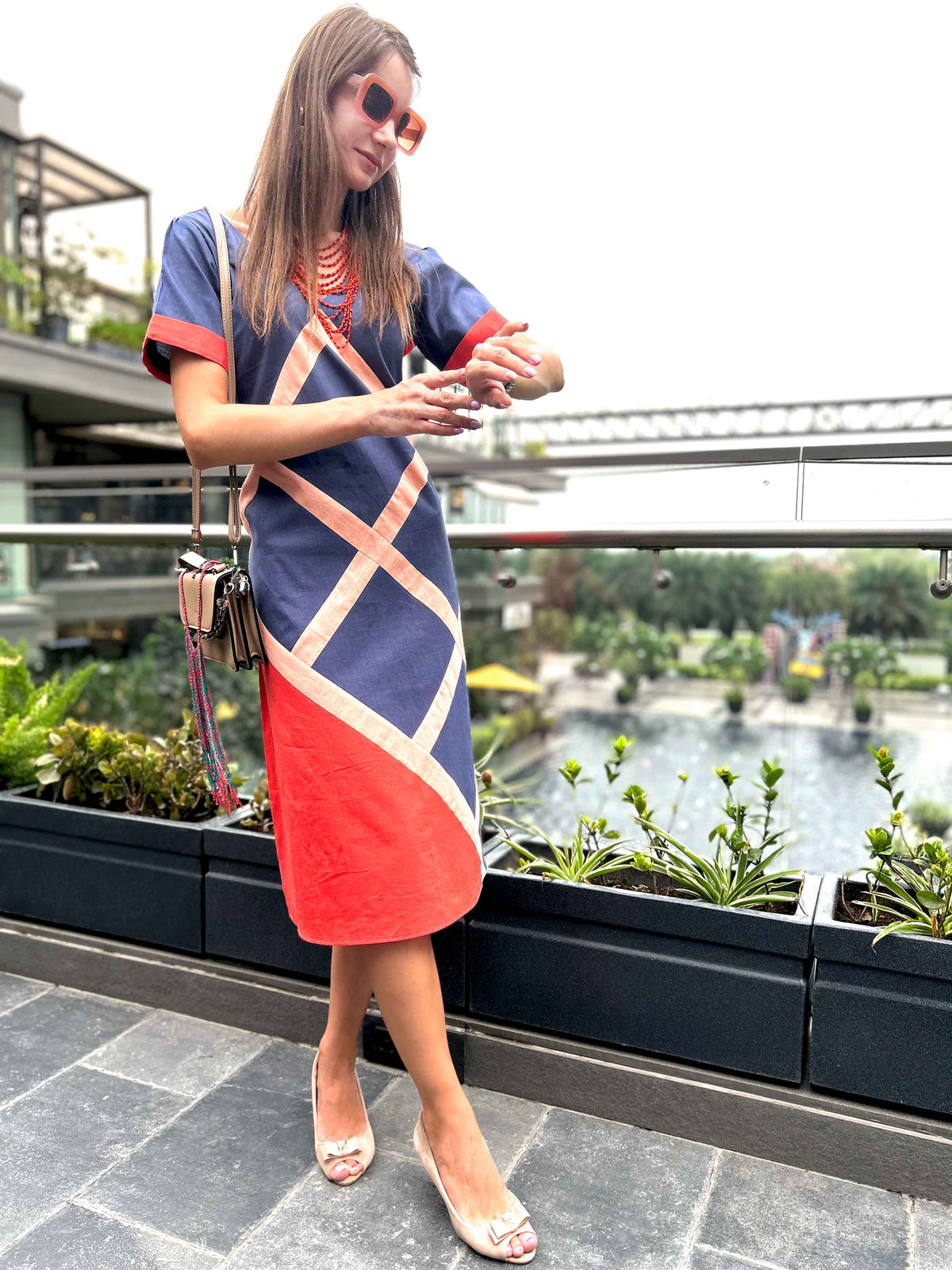 MYLEENE CALIFORNIA COLORS HAND WOVEN COTTON PATCHWORK DRESS
