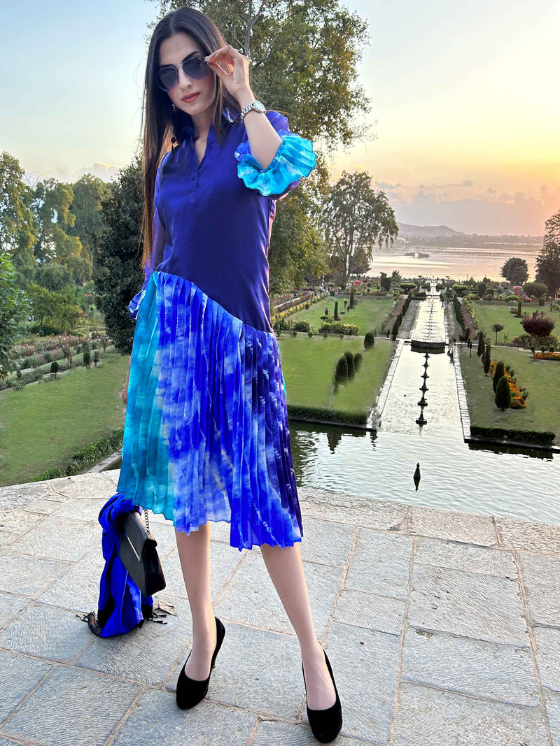 DONNA FESTIVE FLAMBOYANCE PURE SILK PLEATED DRESS
