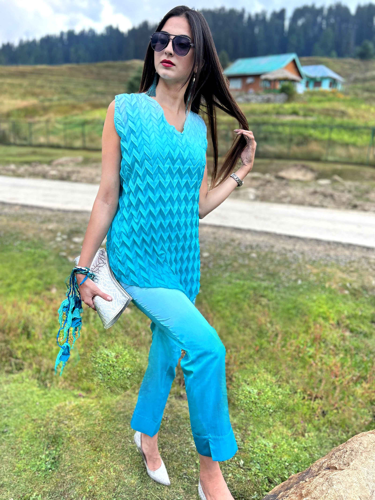 DENISE FESTIVE FLAMBOYANCE PURE SILK TESSELLATION TUNIC SET
