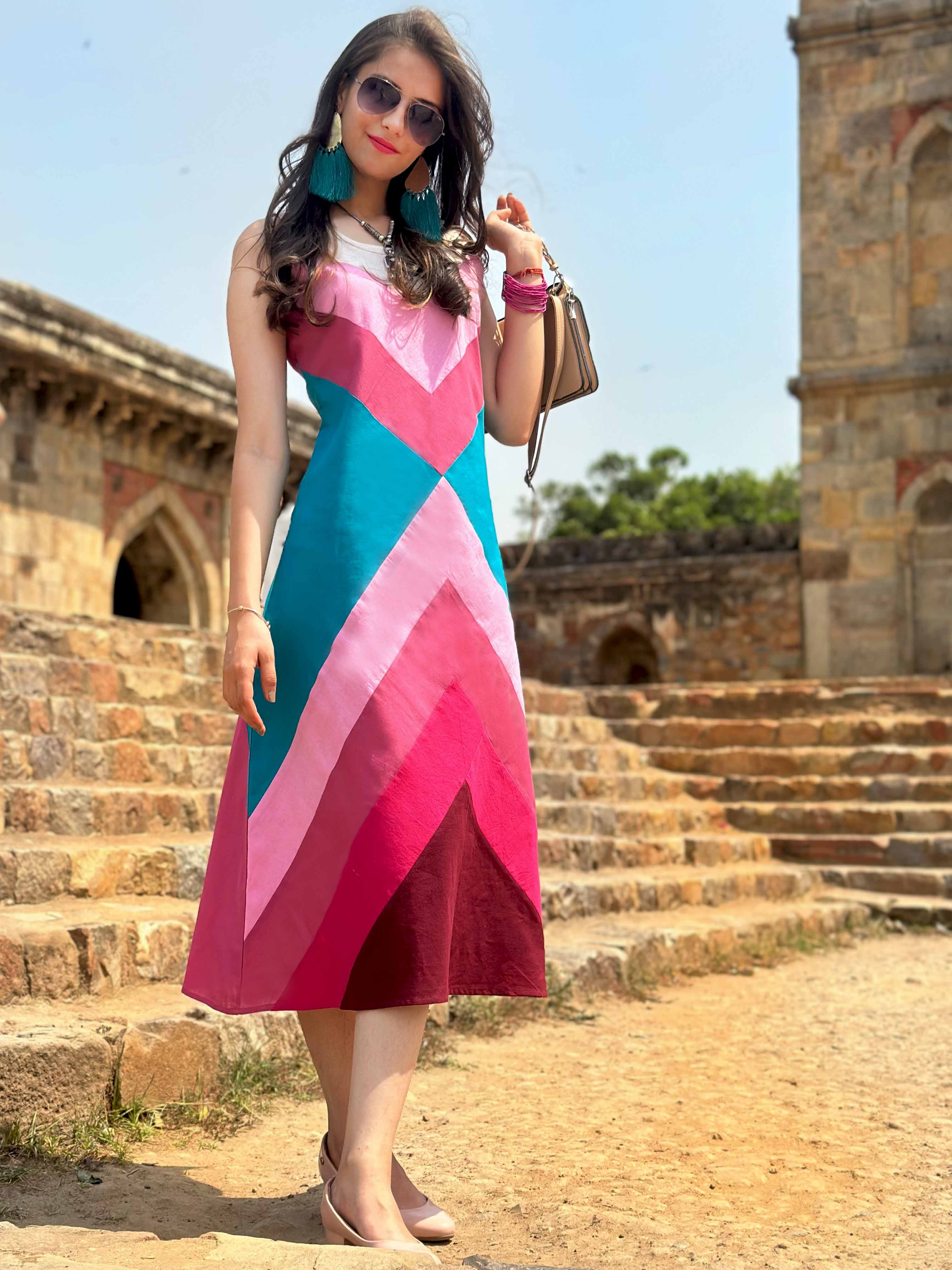 美品✨サラマリカ　Cotton Triangle Patchwork Dress Melina California Colors Mondrian Hand Woven Cotton Patchwork