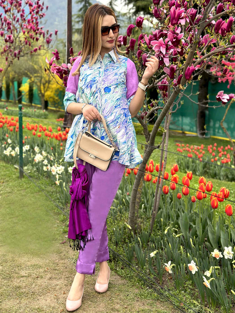 LILLY GORGEOUS KASHMIR WATER MARBLED PURE SILK TUNIC SET