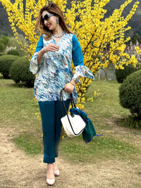 LIZZIE GORGEOUS KASHMIR WATER MARBLED PURE SILK TUNIC SET