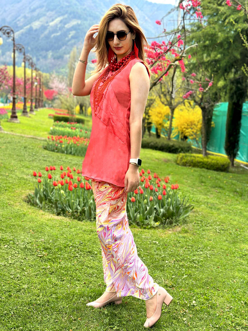 LAINEY GORGEOUS KASHMIR WATER MARBLED PURE SILK TUNIC SET