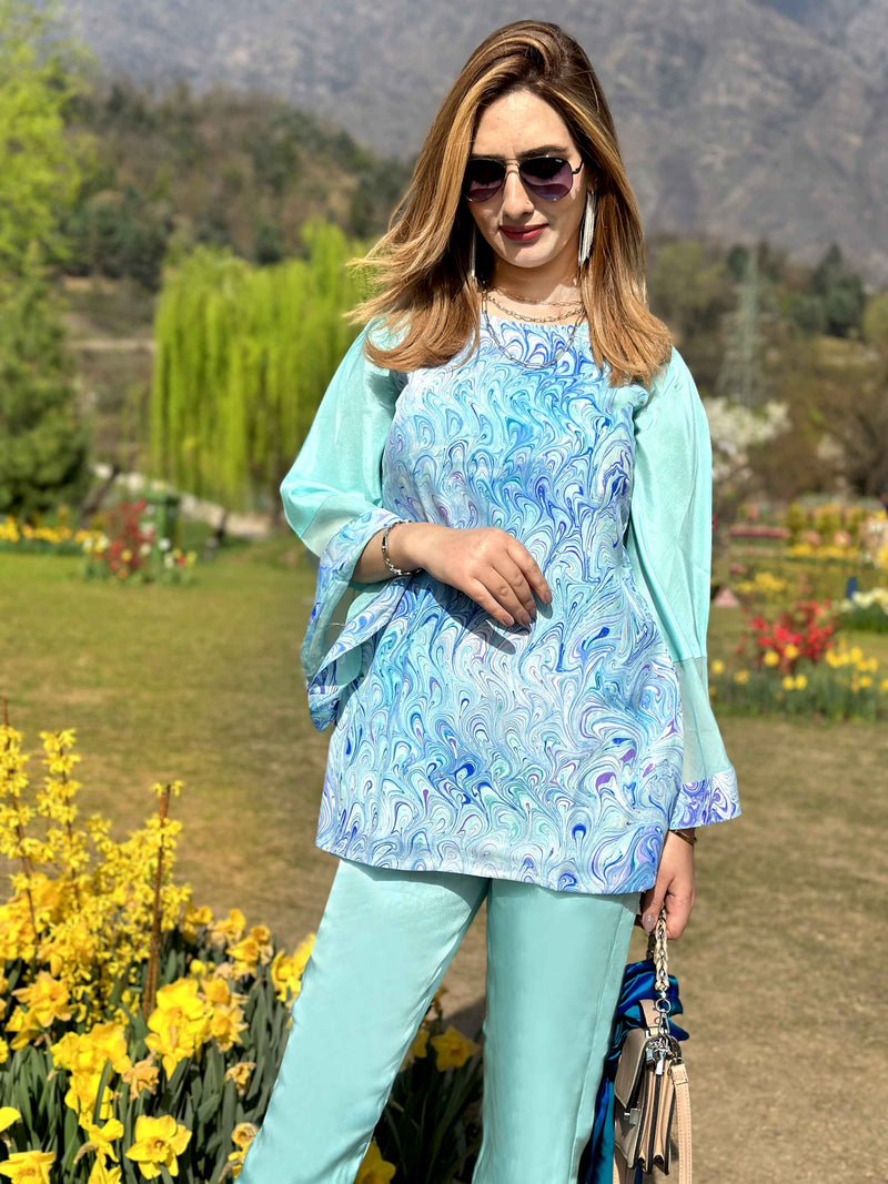 LEONA GORGEOUS KASHMIR WATER MARBLED PURE SILK TUNIC SET