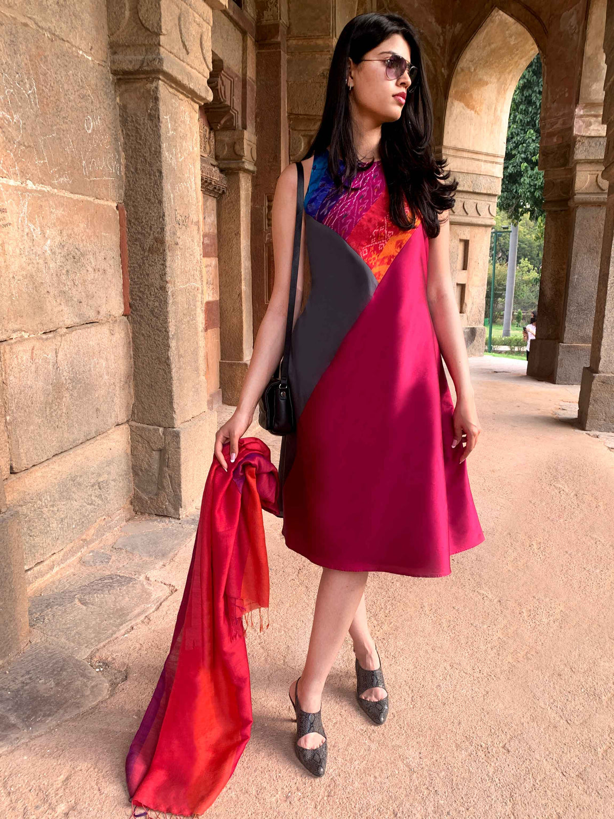 TAILYNN TAFFETA TROVE PATOLA SILK PATCHWORK DRESS