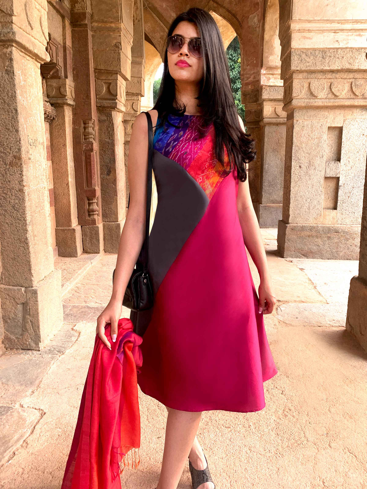 TAILYNN TAFFETA TROVE PATOLA SILK PATCHWORK DRESS